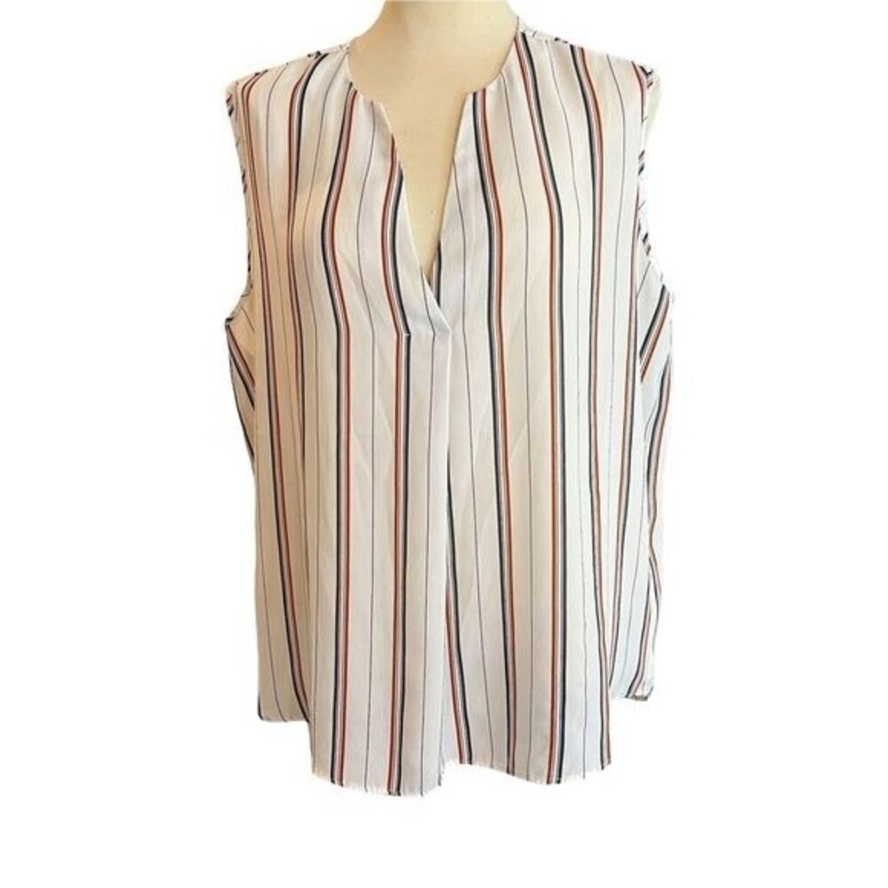 Primark Blouse Size 12 Cream Blue Brown‎ Striped V Neck Sleeveless Womens Top